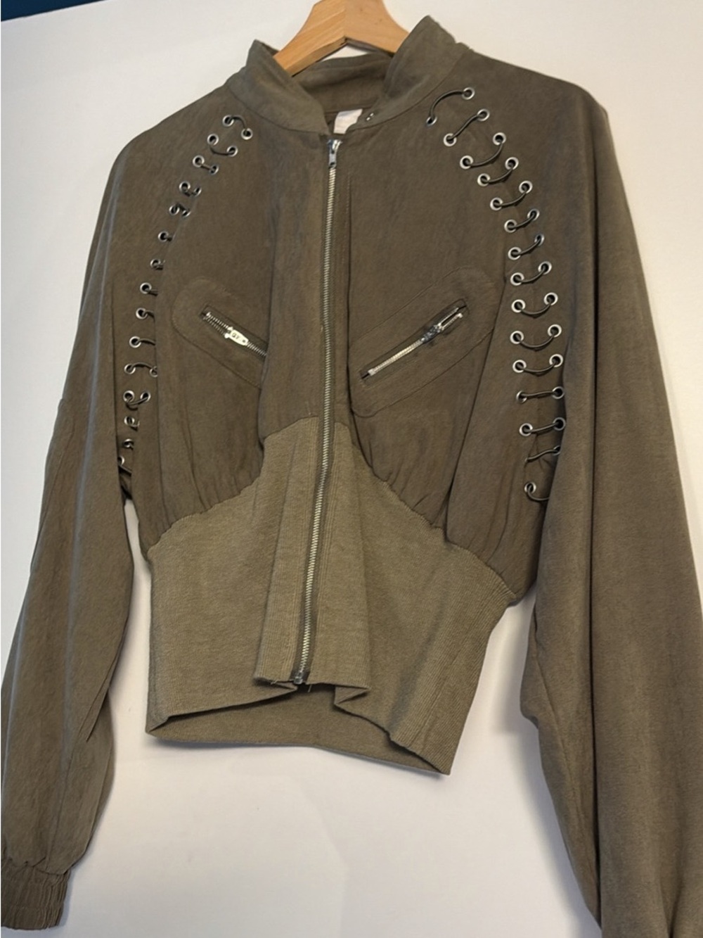 Olive Green Lace-Up Zip Front Women's Jacket
